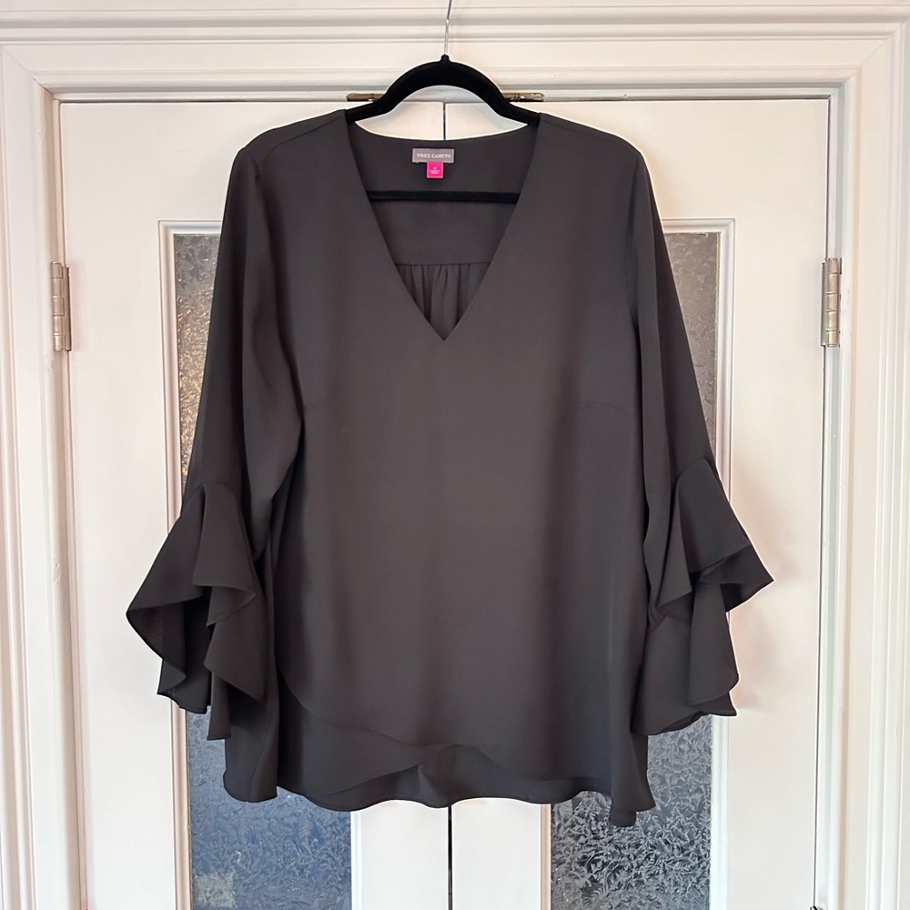 Vince Camuto Black V-Neck Ruffle Sleeve Blouse - Picture 6 of 11